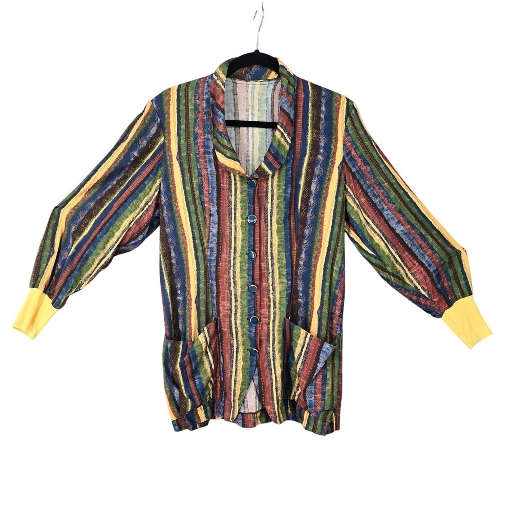 Vintage Multi Color Striped Tribal Print Button Up Jacket Yellow Cuffs Woman Med